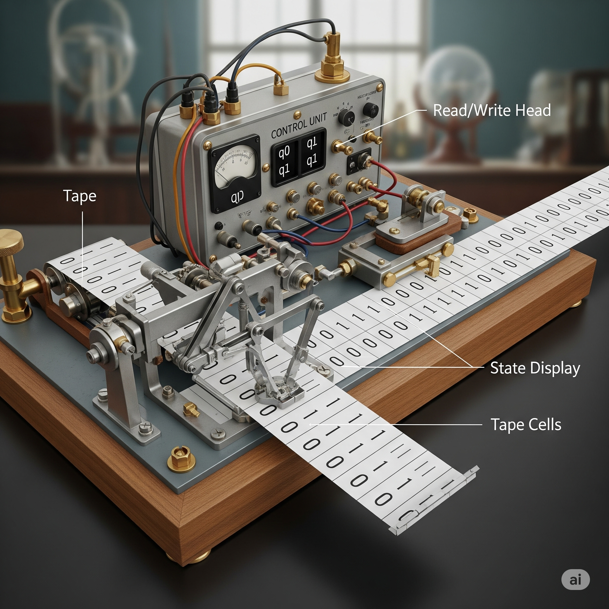 A schematic diagram of a Turing Machine with a long tape and a read/write head.