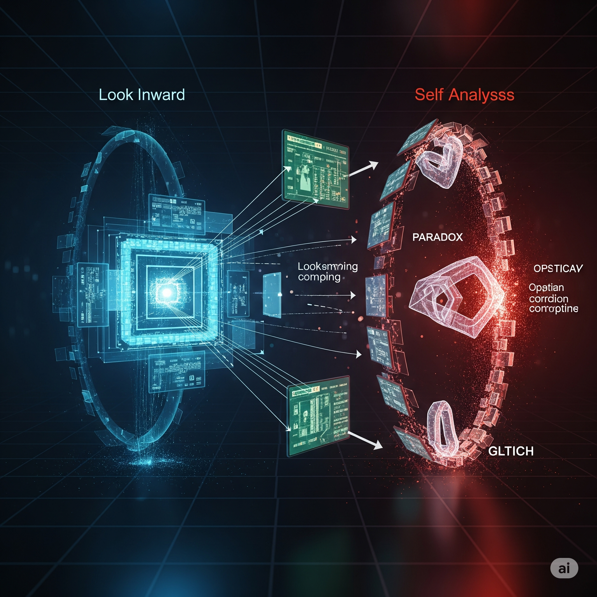 A diagram illustrating a logical loop where a program analyzes itself, leading to a paradox.