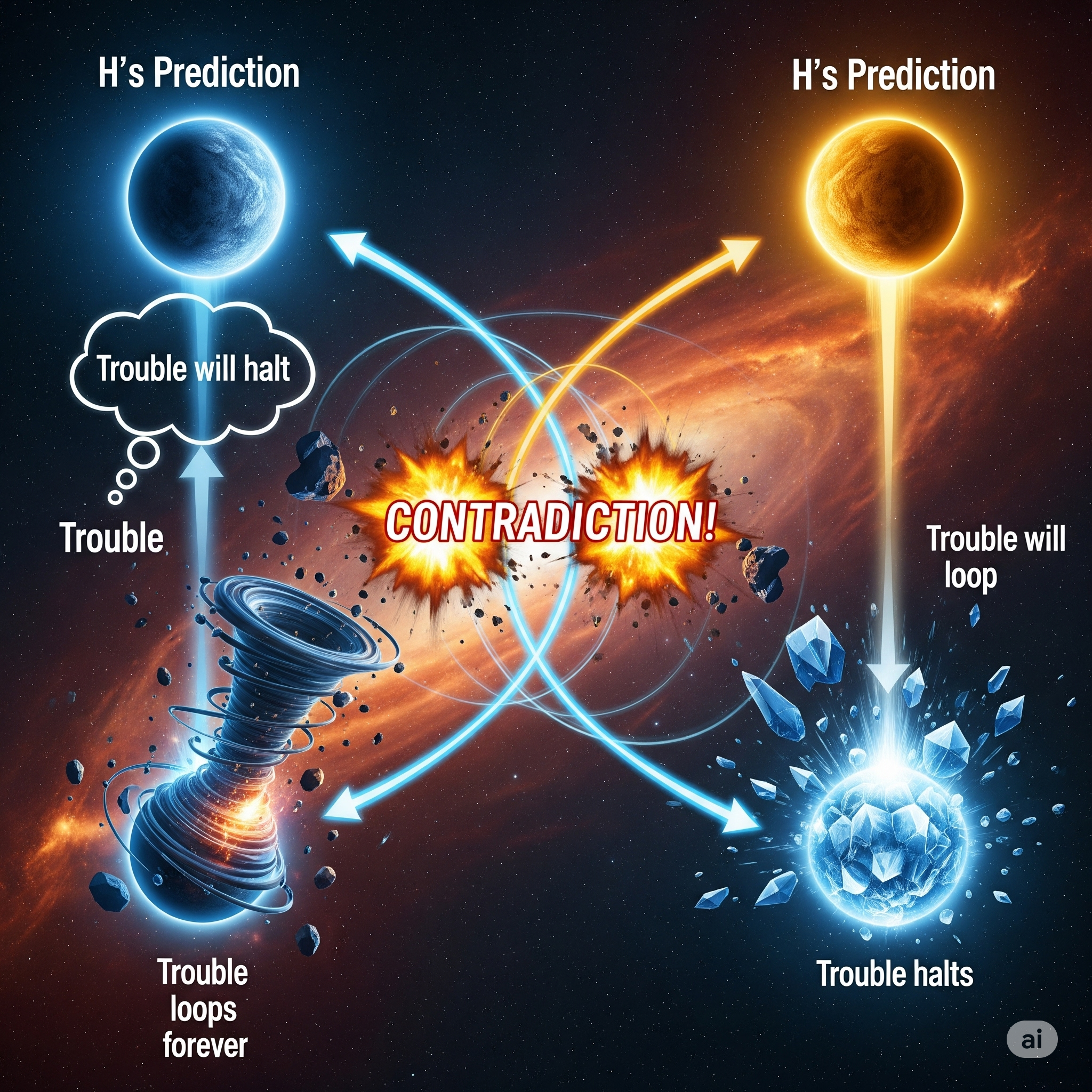 A stylized graphic showing two contradictory statements in a loop.