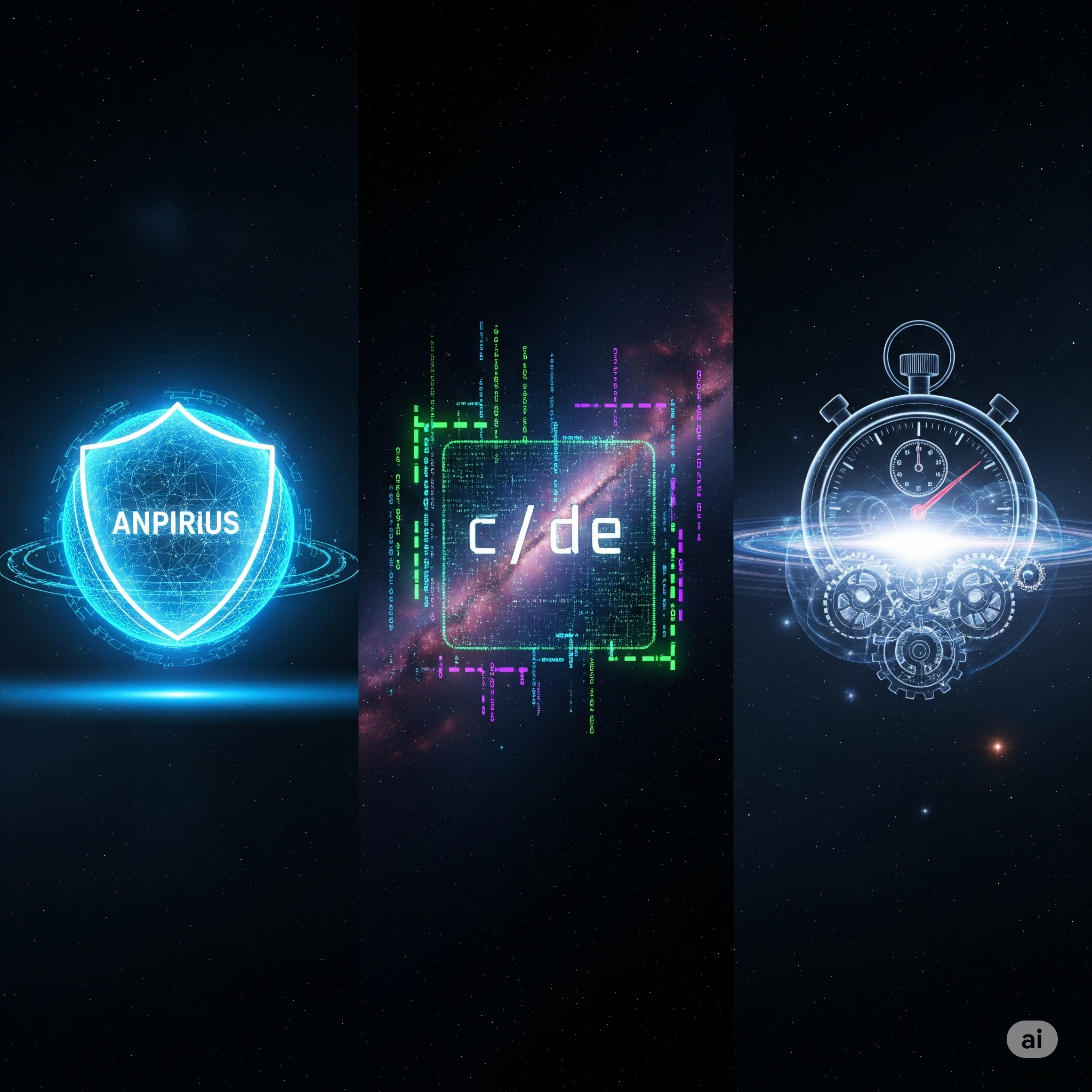 A collage of icons representing antivirus software, a code editor, and a stopwatch.